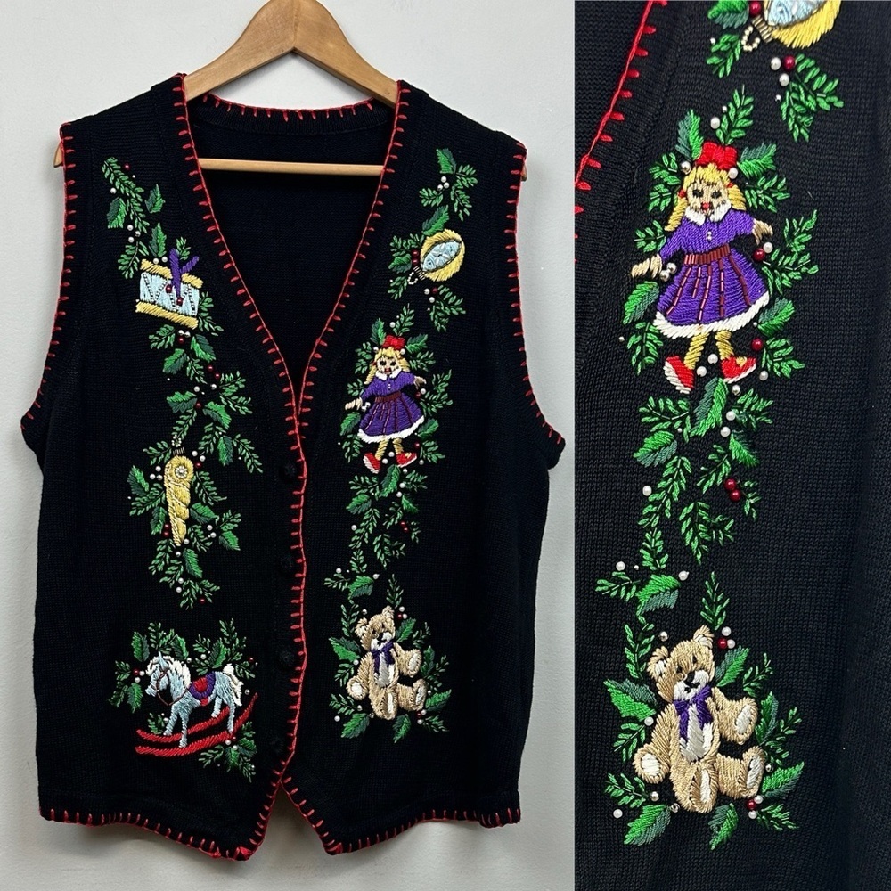 Ugly Christmas Sweater Vest Embroidered and Beaded Sz 1X